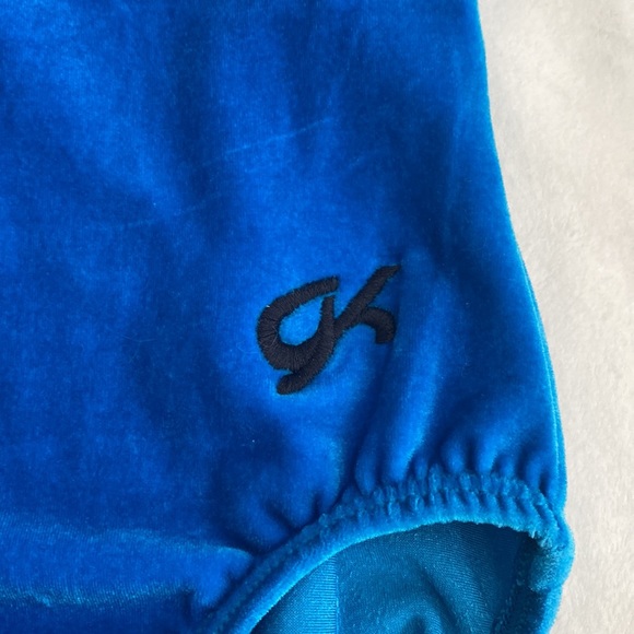Long-sleeve GK Elite blue velvet gymnastics leotard. - Picture 2 of 3